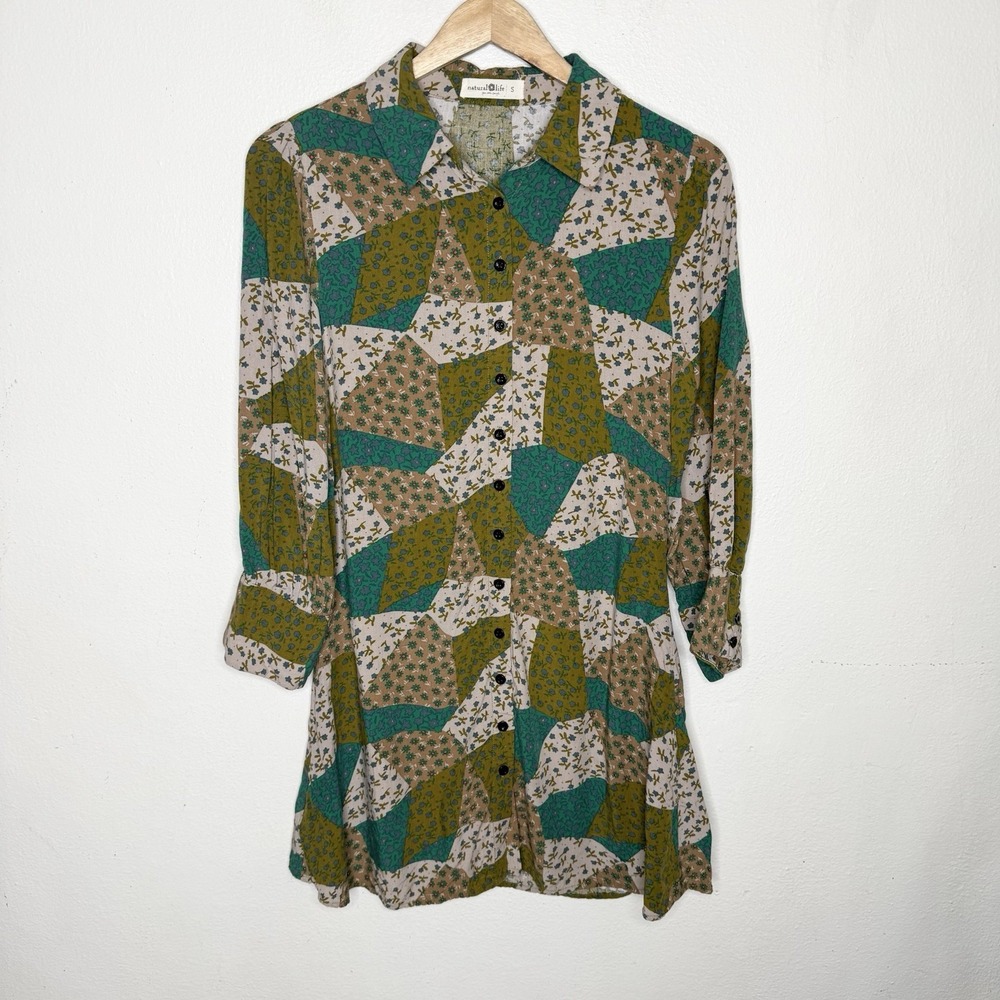 Natural Life Twiggy Mini Shirt Dress Patchwork Print Green Floral  Women's Small